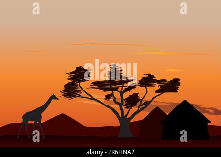 Giraffe near small african village at sunset Stock Vector