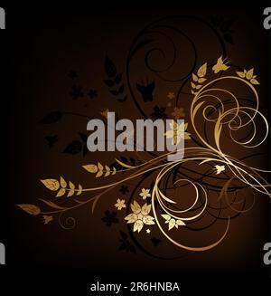 Grunge brown and gold floral background with butterfly Stock Vector