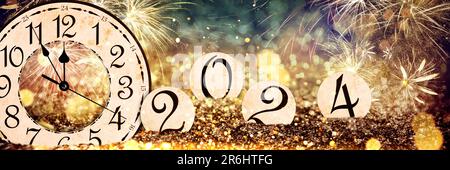 Counting last moments to New 2024 Year. Greeting card with clock showing  five minutes until midnight and fireworks, banner design Stock Photo - Alamy