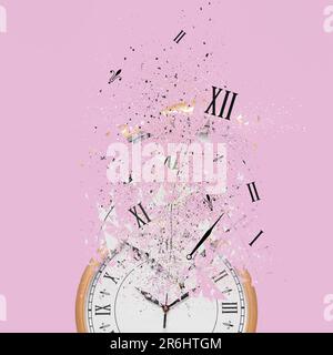 Fleeting time concept. Analog clock dissolving on pink background Stock ...