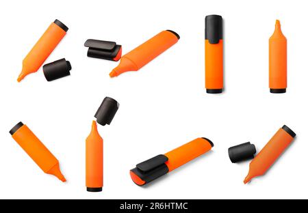 Collage with orange marker on white background, different sides Stock Photo