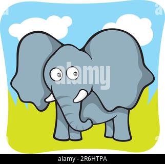 Cute baby elephant cartoon on sky and grass background Stock Vector