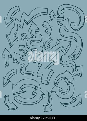 A hand drawn sketch of different 3d arrows. Stock Vector