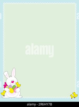 An Easter bunny holding colored eggs with little chick on his feet in the corner of an Easter frame Stock Vector