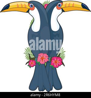 A pair of toucans sitting on a hibiscus branch. They are shaped like the letter T Stock Vector