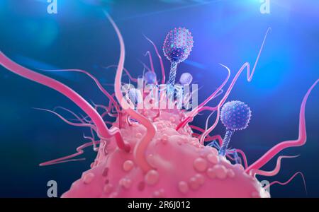 T4 bacteriophage infecting E. coli bacterium, illustration Stock Photo