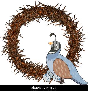 A quail is sitting on a nest with her eggs. She is shaped like the letter Q Stock Vector