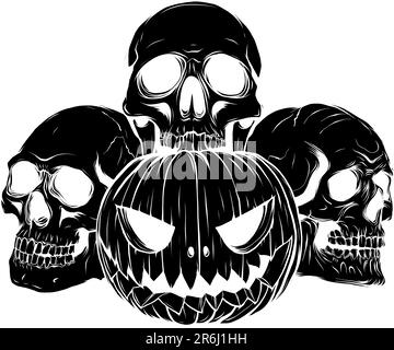 Monochrome Halloween pumpkin with skulls, vector illustration art Stock Vector