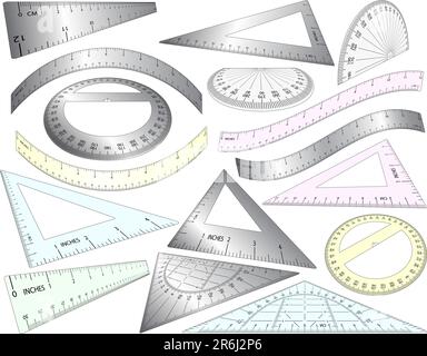 Set of angled and bent editable vector rulers, set squares and protractors in plastic and metal Stock Vector