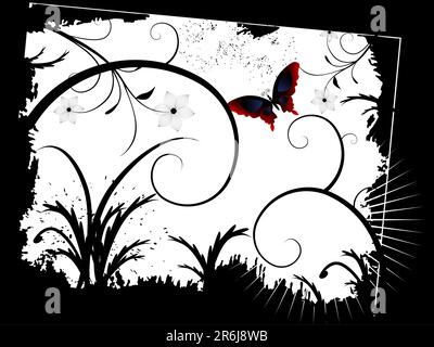 Retro vector vine foliage framed by a grunge background and a colorful butterfly. Stock Vector