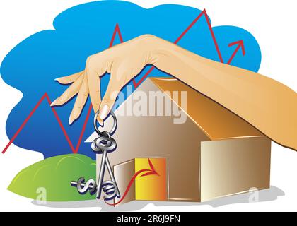 Hand holding dollar and euro shaped keys to new house,buying house,making money Stock Vector