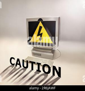 Computer, caution graphic and broken screen with warning and network with advisory tape. Cyber, virus phishing sign and online technology problem with Stock Photo