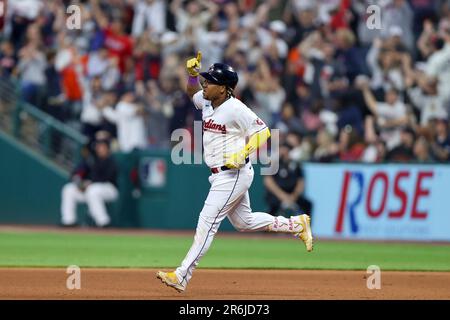 Cleveland, United States. 26th June, 2022. CLEVELAND, OH - JUNE 26:  Cleveland Guardians third baseman Jose Ramirez (11) singles to center field  in the third inning against the Boston Red Sox at