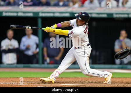 Cleveland, United States. 26th June, 2022. CLEVELAND, OH - JUNE 26:  Cleveland Guardians third baseman Jose Ramirez (11) singles to center field  in the third inning against the Boston Red Sox at