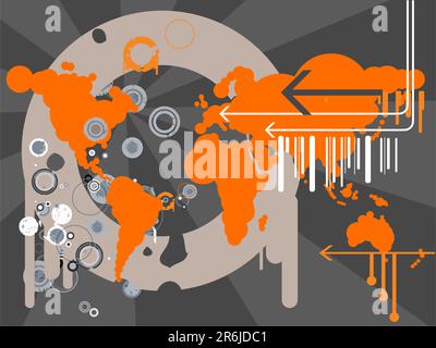 Retro world map with grunge effect and arrows. Concept: Focus on America Stock Vector