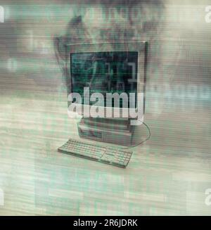 Technology Fail Screen Smoke, computer problem and monitor with desktop and error screen with ...