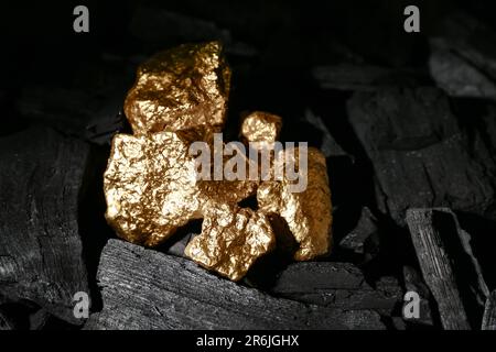 Golden nuggets on black charcoal Stock Photo