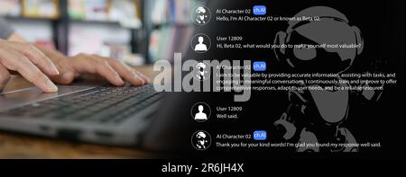 Character AI, A man uses an advanced chat bot application on his notebook with neural language models to generate human-like text responses while acti Stock Photo