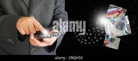 Text to image concept, text-to-image by generative AI chat bot. Language model technology artificial intelligence. Hand uses smartphone to turn alphab Stock Photo