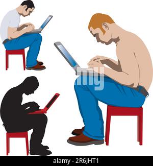 Young man sitting on red table working with laptop. Vector illustration and silhouette Stock Vector