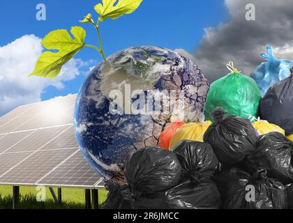 Environmental pollution. Collage divided into clean and contaminated Earth. Globe with seedling and solar panels on one side and cracked soil and tras Stock Photo