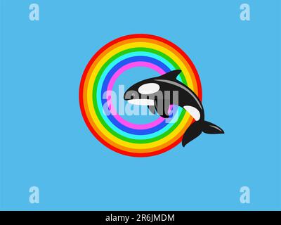Killer whale jumping in colorful rainbow ring on blue background Stock Vector