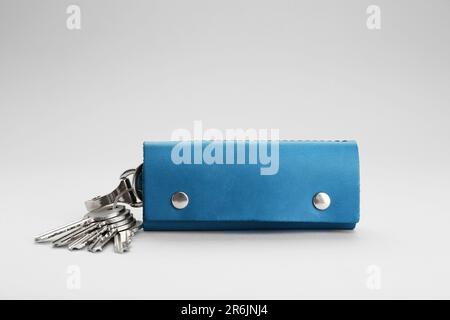 Leather case with keys on light grey background Stock Photo