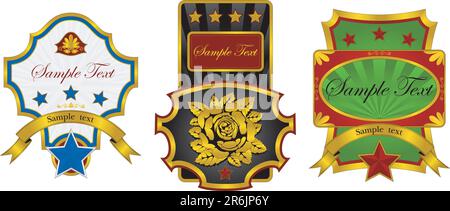 three labels, decorated with gold edge, isolated vector illustrations Stock Vector