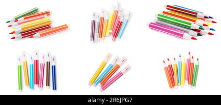 Collage with many colorful felt tip pens on white background Stock Photo