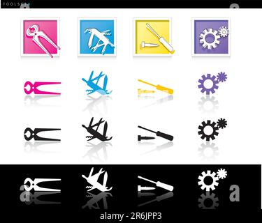 Set off hardware and tool icons in 4 formats: Full Color Button, Color, Black on White, White reversed out of Black Stock Vector