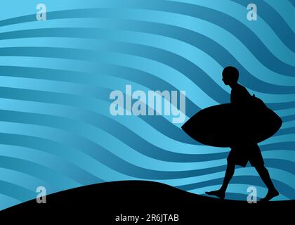 An image of a surfer walking on the beach. Stock Vector