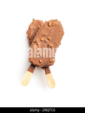 Popsicle, ice cream covered with chocolate isolated on the white background. Stock Photo