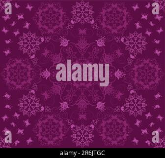 Seamless purple flowers and butterflies pattern. This image is a vector illustration Stock Vector