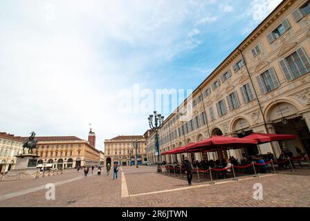 Piazza San Carlo square and twin churches of Santa Cristina and San Carlo Borromeo in the Old Town center of Turin, Italy Stock Photo