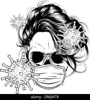 monochrome virus aoround Skull face in medical face mask. Vector illustration on white background. Stock Vector