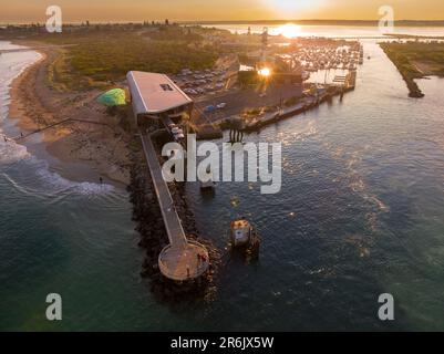 Aerial view of a lookout on the end of a breakwater at a coastal harbour at Queenscliff in Victoria, Australia Stock Photo