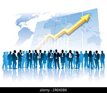 Businesspeople are standing in front of a large graph, world map in the background. The base map is from Central Intelligence Agency Web site. Stock Vector
