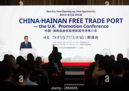 London, Britain. 9th June, 2023. Chinese Ambassador to the United Kingdom (UK) Zheng Zeguang delivers a speech at China Hainan Free Trade Port -- the U.K. Promotion Conference in London, Britain, June 9, 2023. Credit: Stephen Chung/Xinhua/Alamy Live News Stock Photo