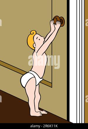 An image of a baby opening a door. Stock Vector