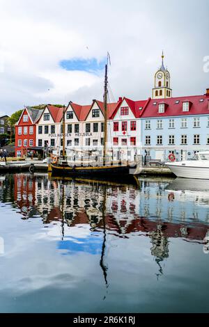 Ancient buildings and ship moored in the harbor of Torshavn, Streymoy Island, Faroe Islands, Denmark, Europe Stock Photo