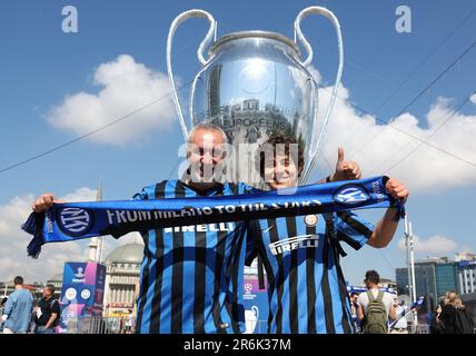 Inter Milan fans in front of a large inflatable champions league trophy in Taksim Square ahead of the Champions league final in Istanbul. Picture date: 10th June 2023. Picture credit should read: Paul Terry/Sportimage Credit: Sportimage Ltd/Alamy Live News Stock Photo