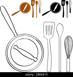 An image of a cooking pot and utensil set. Stock Vector