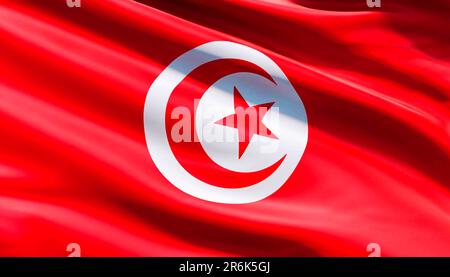 Tunisia flag with big folds waving close up under the studio light indoors. The official symbols and colors in fabric banner Stock Photo