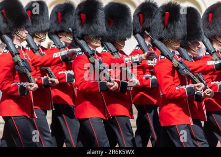 Westminster, London, UK. 10th Jun, 2023. Trooping the Colour is due to take place on 17th June, and will be the first under King Charles III. The review is a final evaluation of the military parade before the full event takes place next week. The troops passed down The Mall for the review on Horse Guards Parade. Household Division Foot Guards Stock Photo