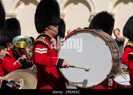 Westminster, London, UK. 10th Jun, 2023. Trooping the Colour is due to take place on 17th June, and will be the first under King Charles III. The review is a final evaluation of the military parade before the full event takes place next week. The troops passed down The Mall for the review on Horse Guards Parade. Band of the Grenadier guards Stock Photo