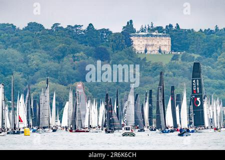 Geneva, Geneva, Switzerland. 10th June, 2023. Several competitors on the start during 83rd edition of Bol D'Or Mirabaud . 83rd edition of Bol D'Or Mirabaud took place on Lake Geneva between the Geneva marina and Le Bouveret and is also the biggest boat race in the world. (Credit Image: © Eric Dubost/ZUMA Press Wire) EDITORIAL USAGE ONLY! Not for Commercial USAGE! Stock Photo