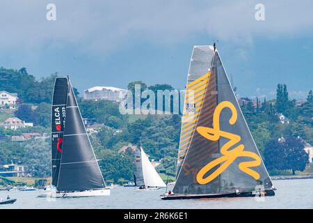 Geneva, Geneva, Switzerland. 10th June, 2023. Two caramarans on the start during 83rd edition of Bol D'Or Mirabaud . 83rd edition of Bol D'Or Mirabaud took place on Lake Geneva between the Geneva marina and Le Bouveret and is also the biggest boat race in the world. (Credit Image: © Eric Dubost/ZUMA Press Wire) EDITORIAL USAGE ONLY! Not for Commercial USAGE! Stock Photo