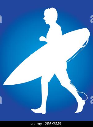 Surfer vector silhouette with board in hand jogging to his local break. Stock Vector