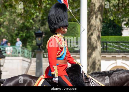 Westminster, London, UK. 10th Jun, 2023. Trooping the Colour is due to take place on 17th June, and will be the first under King Charles III. The review is a final evaluation of the military parade before the full event takes place next week. The troops passed down The Mall for the review on Horse Guards Parade. Prince William, the Prince of Wales, arriving to review the troops Stock Photo