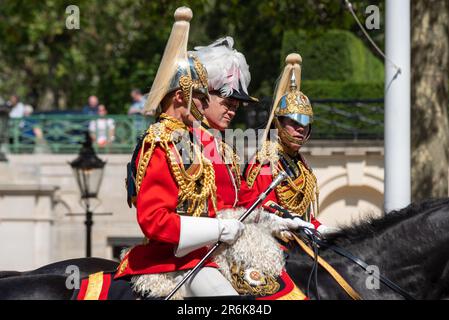 Westminster, London, UK. 10th Jun, 2023. Trooping the Colour is due to take place on 17th June, and will be the first under King Charles III. The review is a final evaluation of the military parade before the full event takes place next week. The troops passed down The Mall for the review on Horse Guards Parade. Riding officers Stock Photo